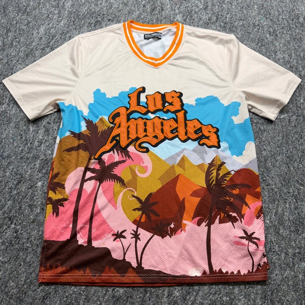 Rebel Minds Los Angeles Mesh Jersey Mens 2XL Orange White Palm Tree Graphic Tee